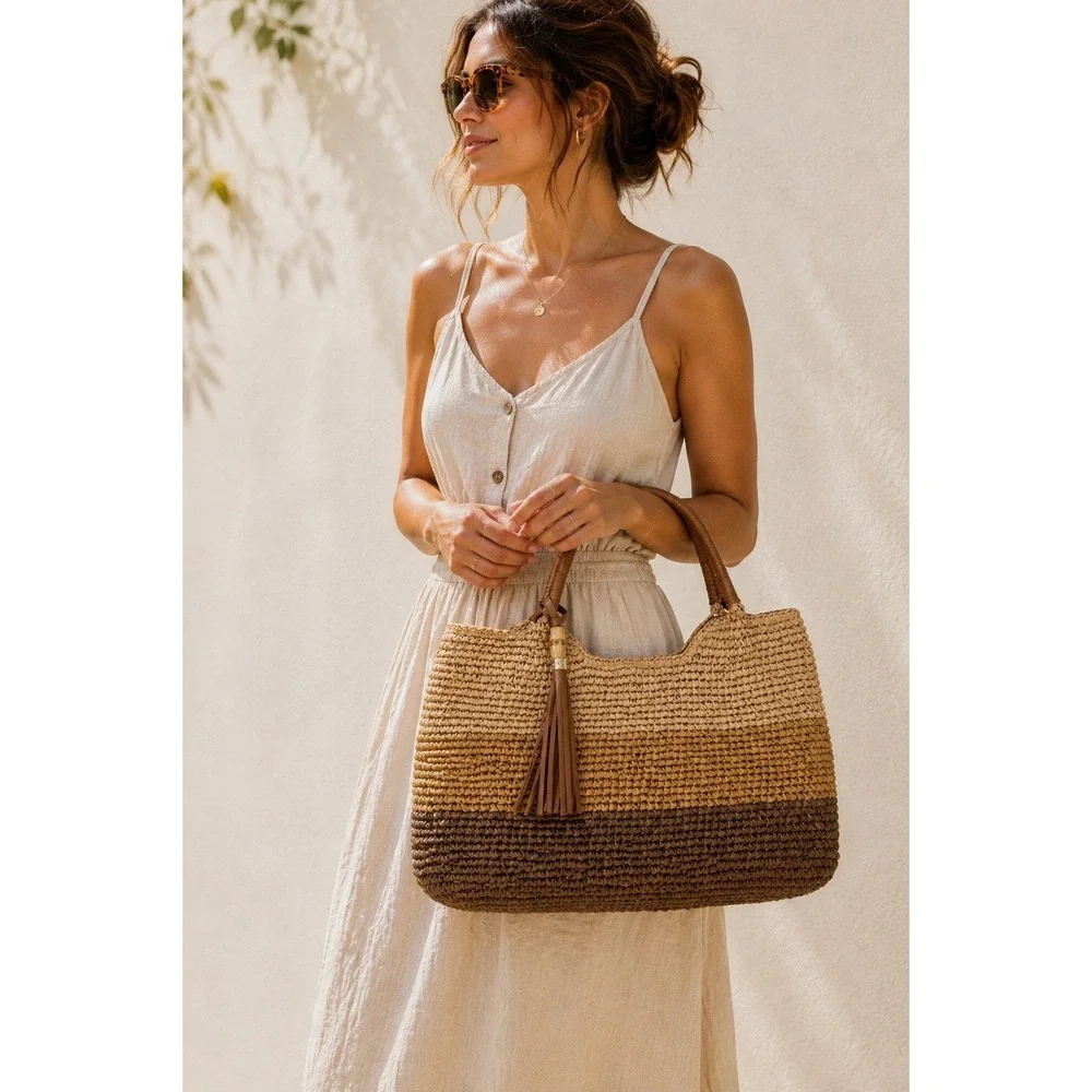 Tommy Bahama Colorblock Woven Straw Tote Bag Tan Coastal Resort Vacation NWT - Picture 11 of 11